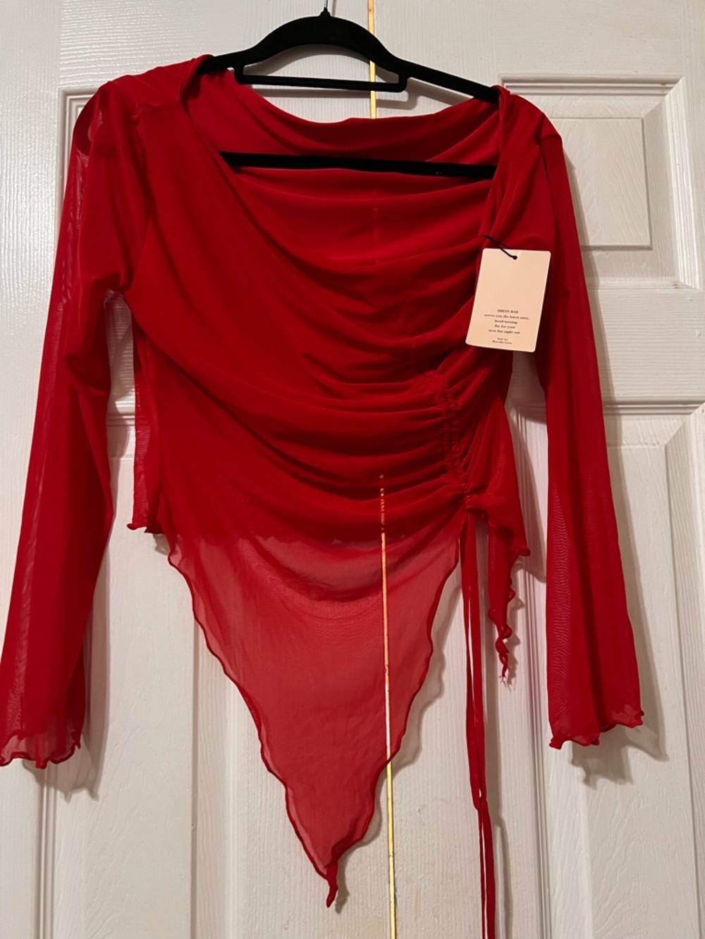 SHEIN Red Sheer Ruched Long-Sleeve Asymmetrical Top